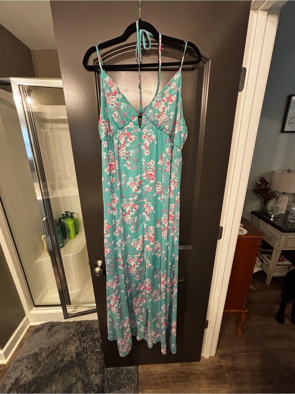 Peach Love California Teal Floral Maxi Dress with Pink/White Flowers